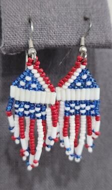 Hand Beaded American Flag Red White Blue Dangle Hook Earrings 3" Long